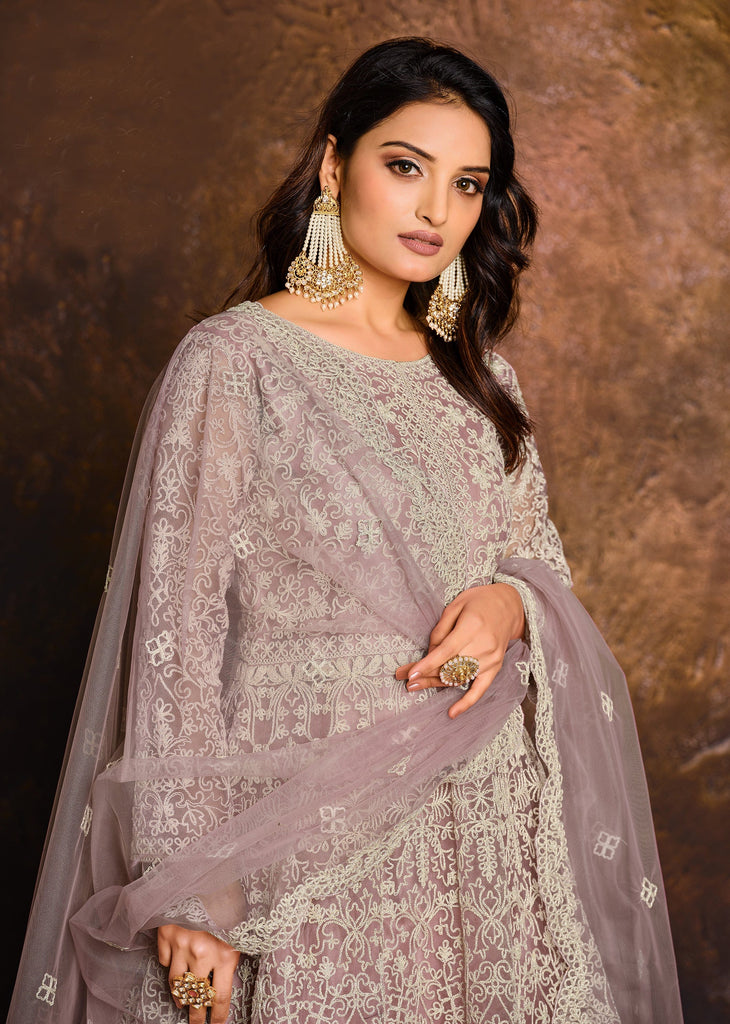 Light Mauve Designer Heavy Embroidered Net Anarkali Suit-Saira's Boutique