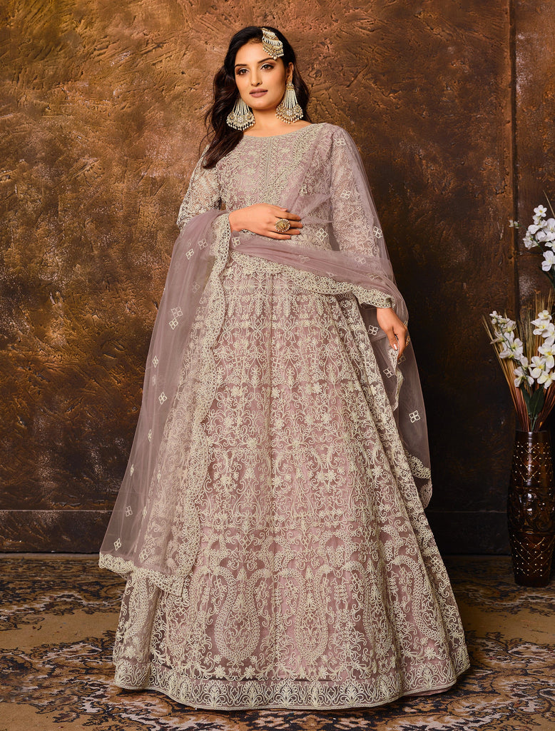 Light Mauve Designer Heavy Embroidered Net Anarkali Suit-Saira's Boutique