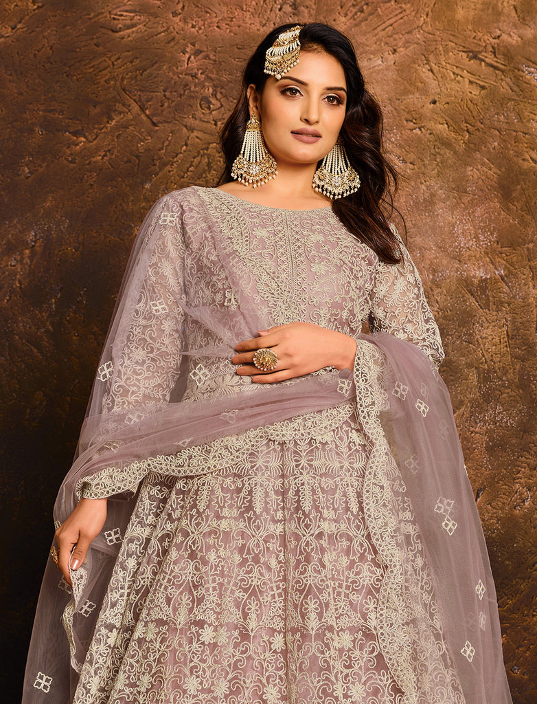 Light Mauve Designer Heavy Embroidered Net Anarkali Suit-Saira's Boutique