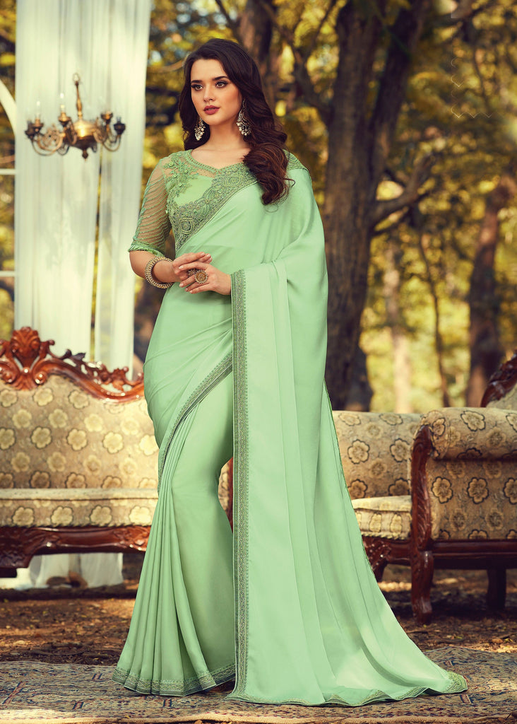 Light Green Plain Silk Pre-draped Saree – Leemboodi