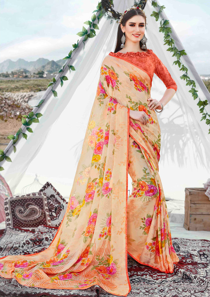 Light Peach Orange Designer Floral Print Fancy Georgette Saree-Saira's Boutique