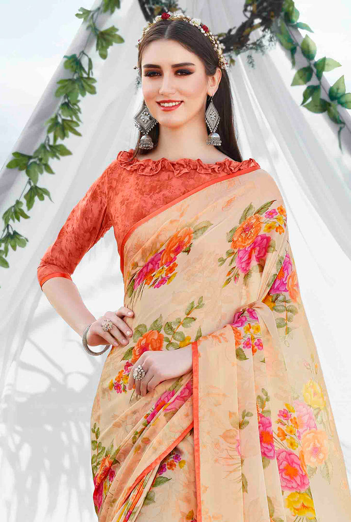 Light Peach Orange Designer Floral Print Fancy Georgette Saree-Saira's Boutique