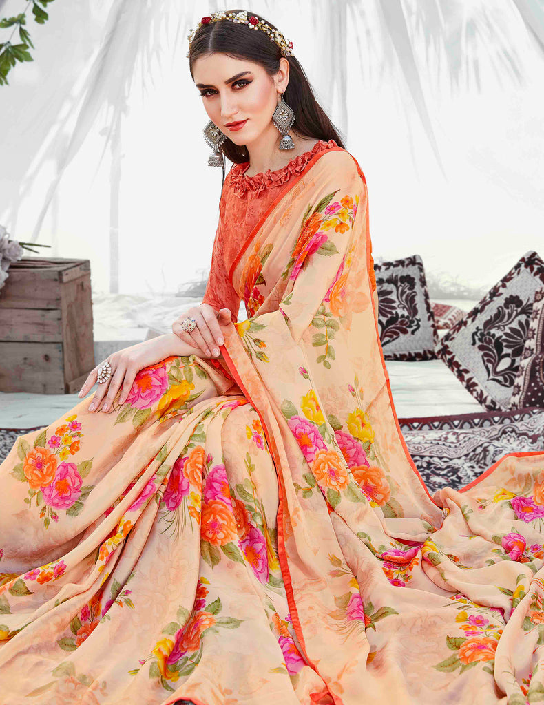 Light Peach Orange Designer Floral Print Fancy Georgette Saree-Saira's Boutique