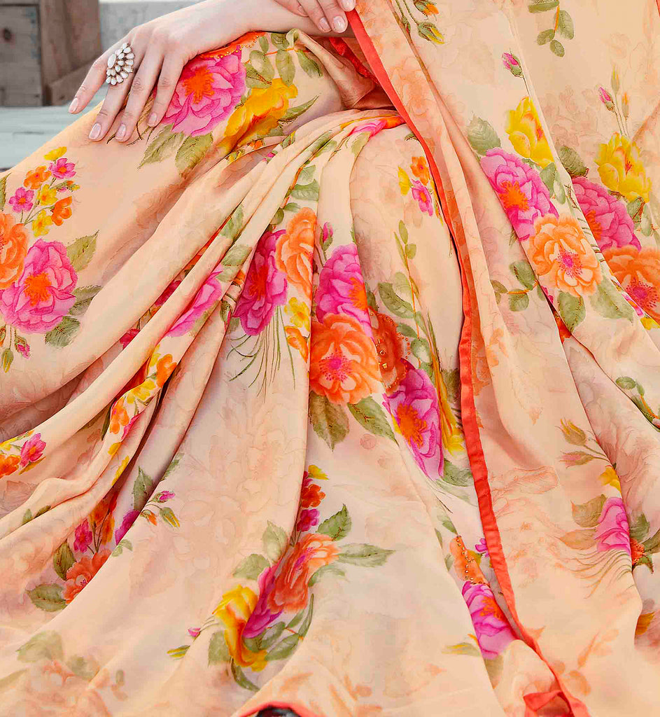 Light Peach Orange Designer Floral Print Fancy Georgette Saree-Saira's Boutique