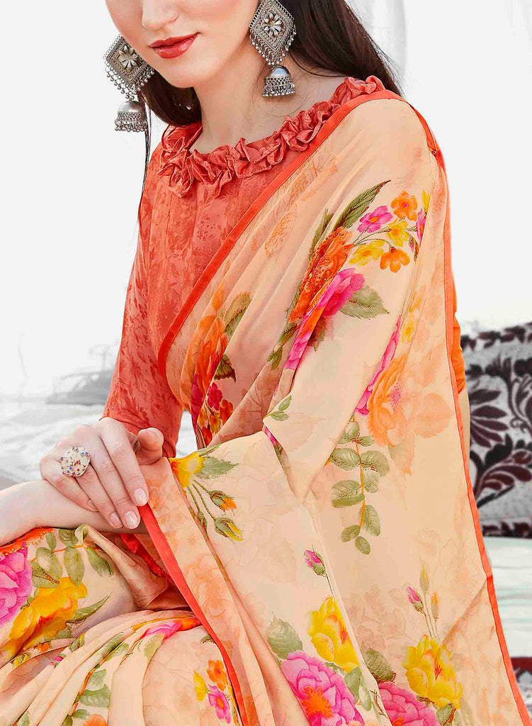 Light Peach Orange Designer Floral Print Fancy Georgette Saree-Saira's Boutique