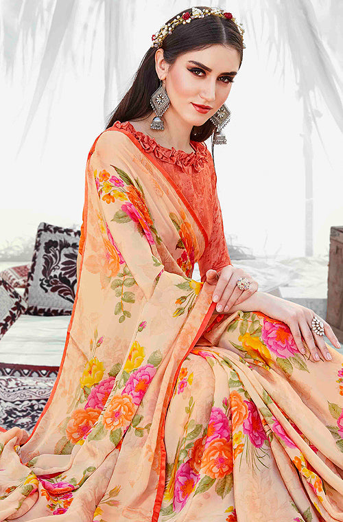 Light Peach Orange Designer Floral Print Fancy Georgette Saree-Saira's Boutique