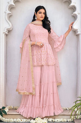 Pale Mustard Designer Embroidered Heavy Chinon Party Wear Sharara Suit