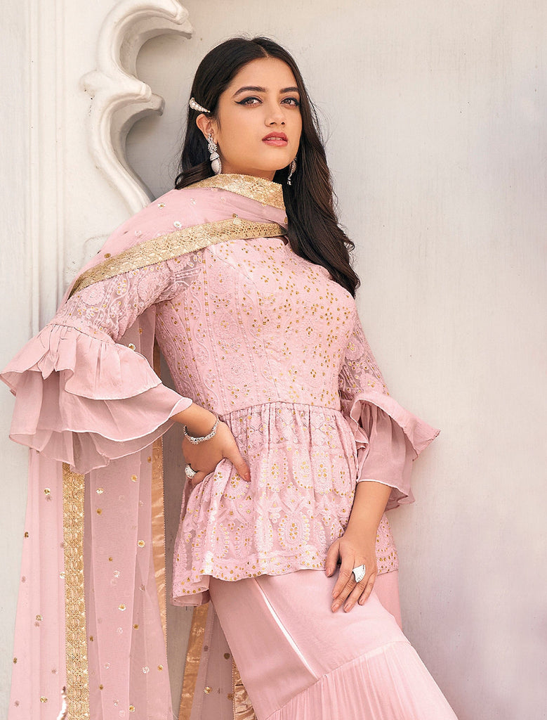 Light Pink Designer Embroidered Party Wear Gharara Suit-Saira's Boutique