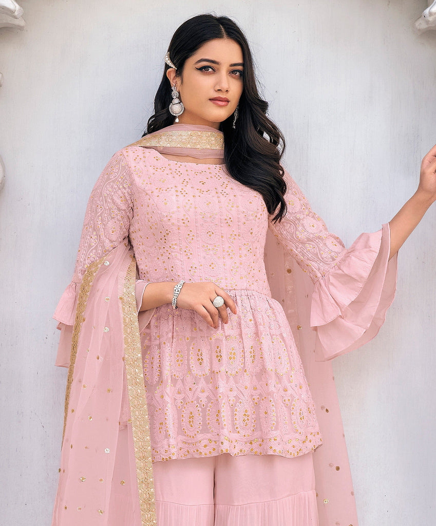 Light Pink Designer Embroidered Party Wear Gharara Suit-Saira's Boutique