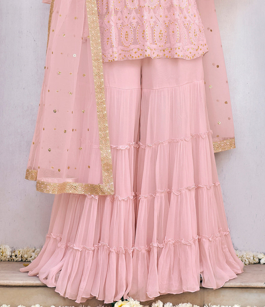 Light Pink Designer Embroidered Party Wear Gharara Suit-Saira's Boutique