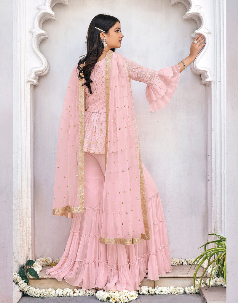Light Pink Designer Embroidered Party Wear Gharara Suit-Saira's Boutique