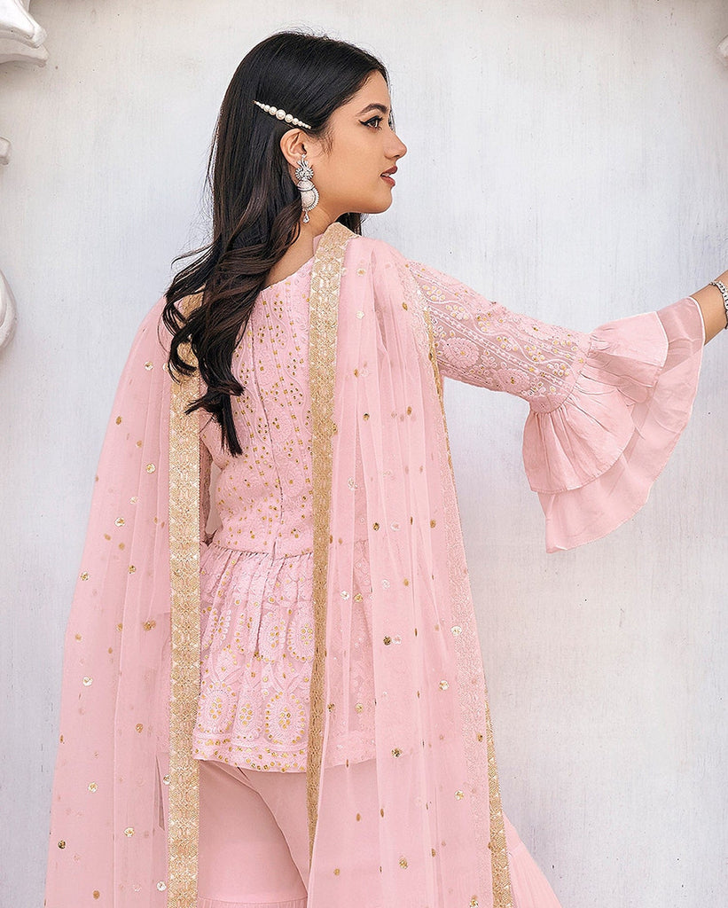 Light Pink Designer Embroidered Party Wear Gharara Suit-Saira's Boutique