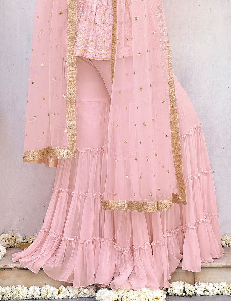 Light Pink Designer Embroidered Party Wear Gharara Suit-Saira's Boutique