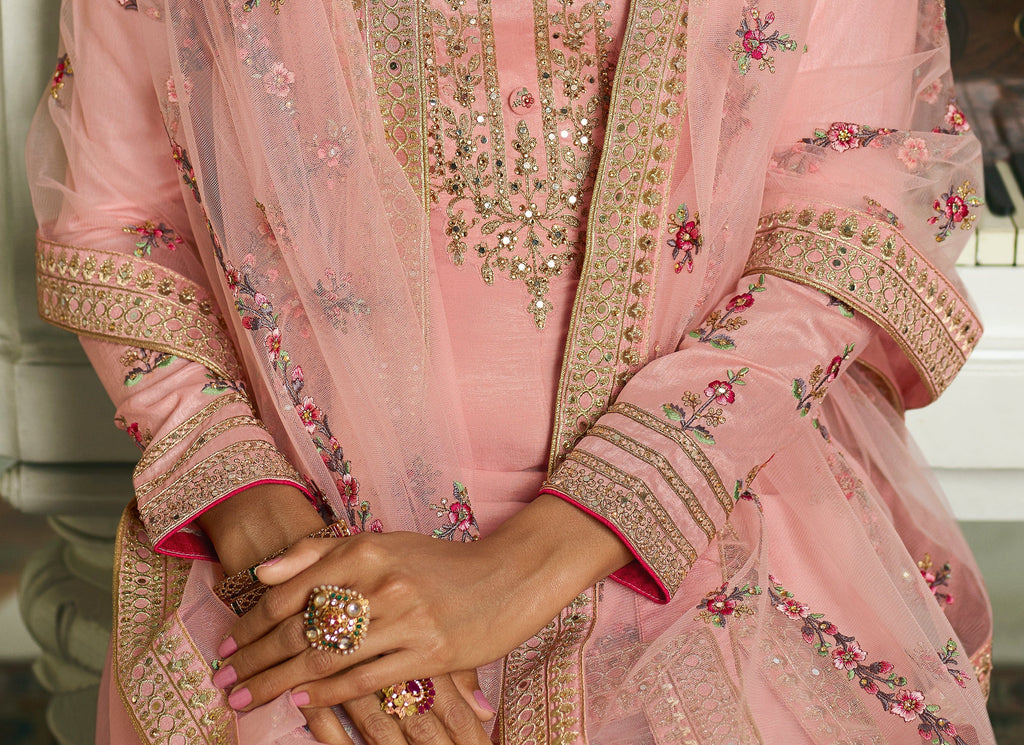 Light Pink Designer Embroidered Wedding Silk Pant Suit-Saira's Boutique