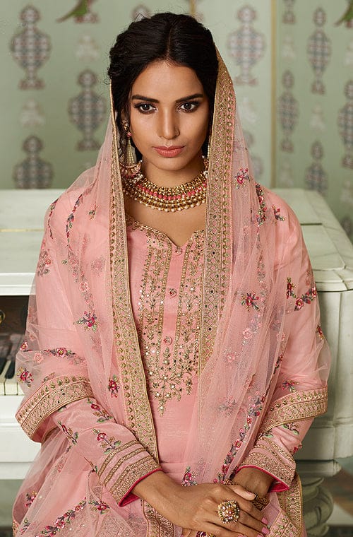Light Pink Designer Embroidered Wedding Silk Pant Suit-Saira's Boutique