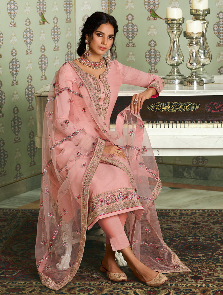 Light Pink Designer Embroidered Wedding Silk Pant Suit-Saira's Boutique