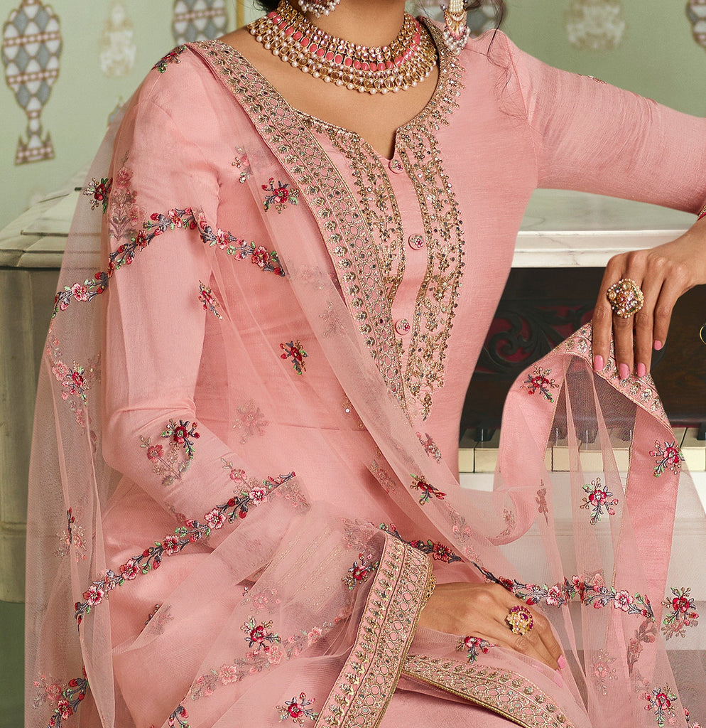 Light Pink Designer Embroidered Wedding Silk Pant Suit-Saira's Boutique