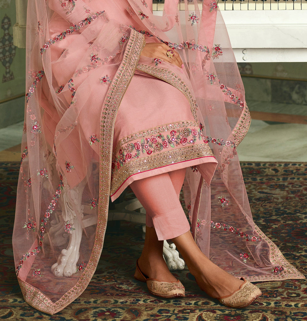 Light Pink Designer Embroidered Wedding Silk Pant Suit-Saira's Boutique