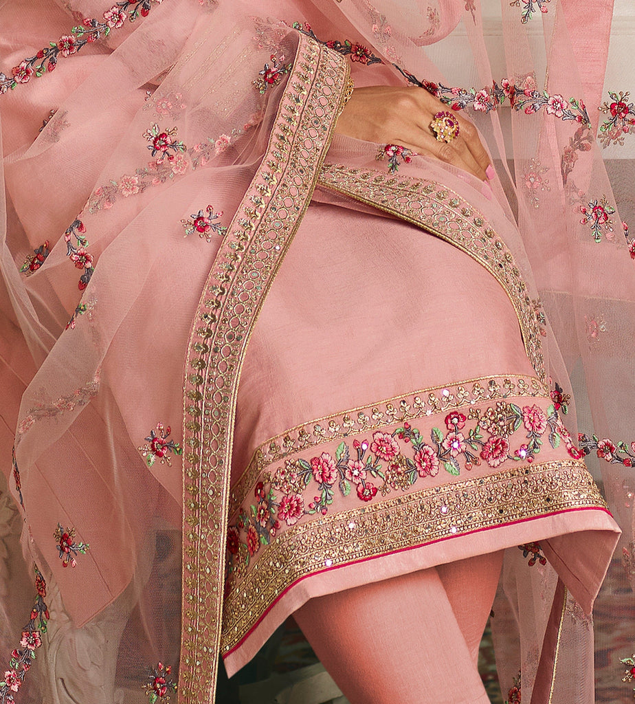 Light Pink Designer Embroidered Wedding Silk Pant Suit-Saira's Boutique