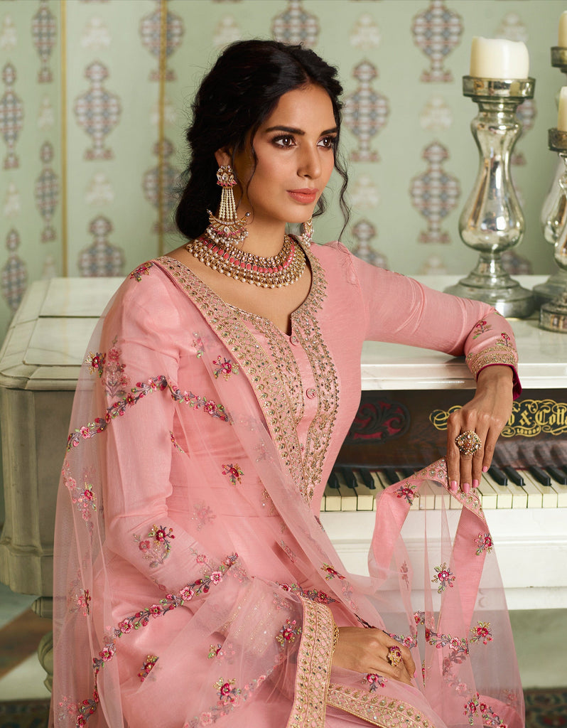 Light Pink Designer Embroidered Wedding Silk Pant Suit-Saira's Boutique