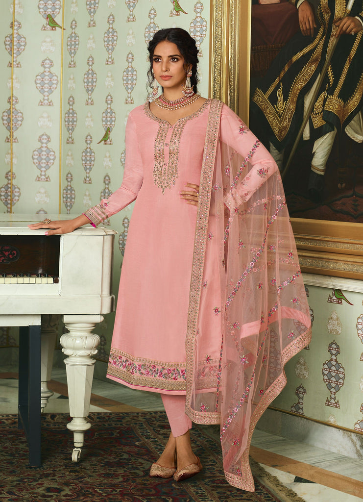 Light Pink Designer Embroidered Wedding Silk Pant Suit-Saira's Boutique