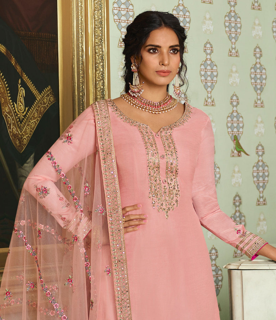 Light Pink Designer Embroidered Wedding Silk Pant Suit-Saira's Boutique