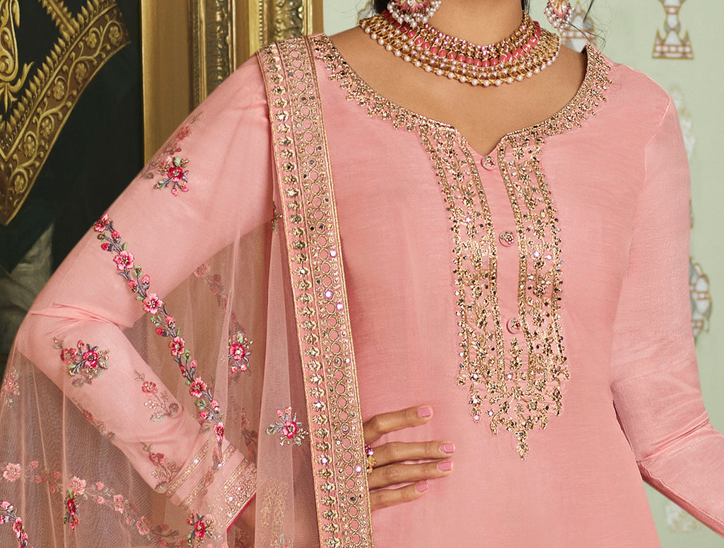 Light Pink Designer Embroidered Wedding Silk Pant Suit-Saira's Boutique