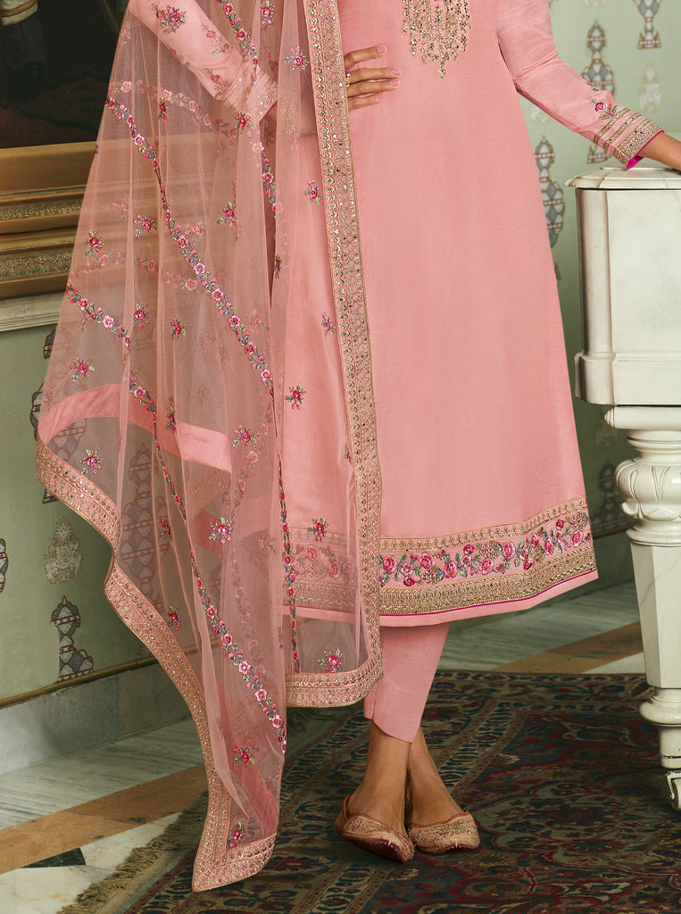 Light Pink Designer Embroidered Wedding Silk Pant Suit-Saira's Boutique