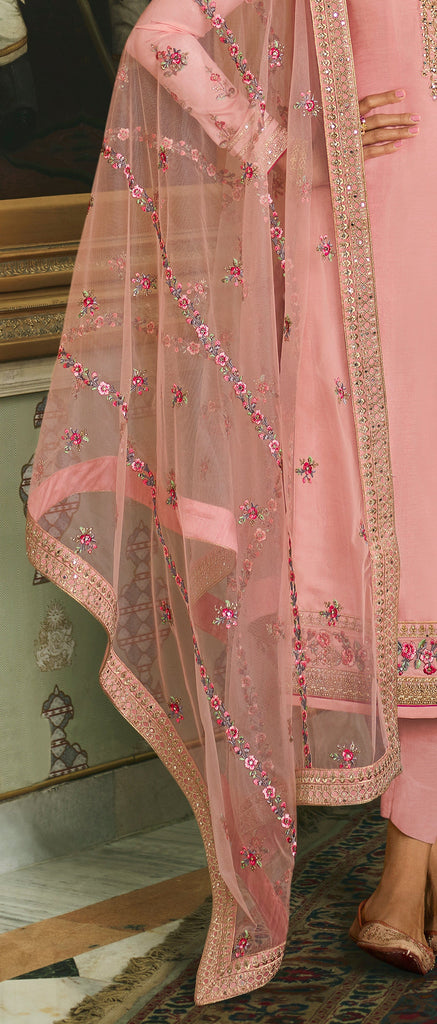 Light Pink Designer Embroidered Wedding Silk Pant Suit-Saira's Boutique