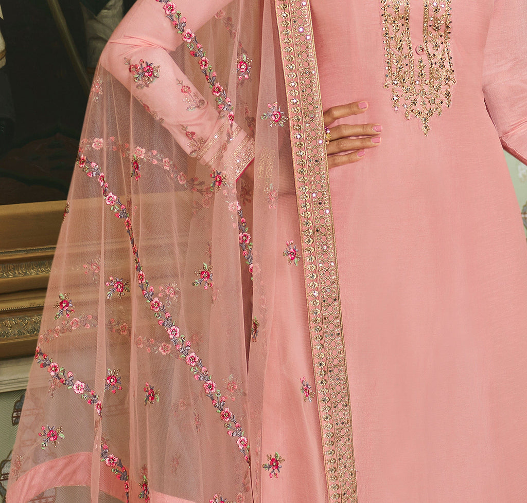 Light Pink Designer Embroidered Wedding Silk Pant Suit-Saira's Boutique
