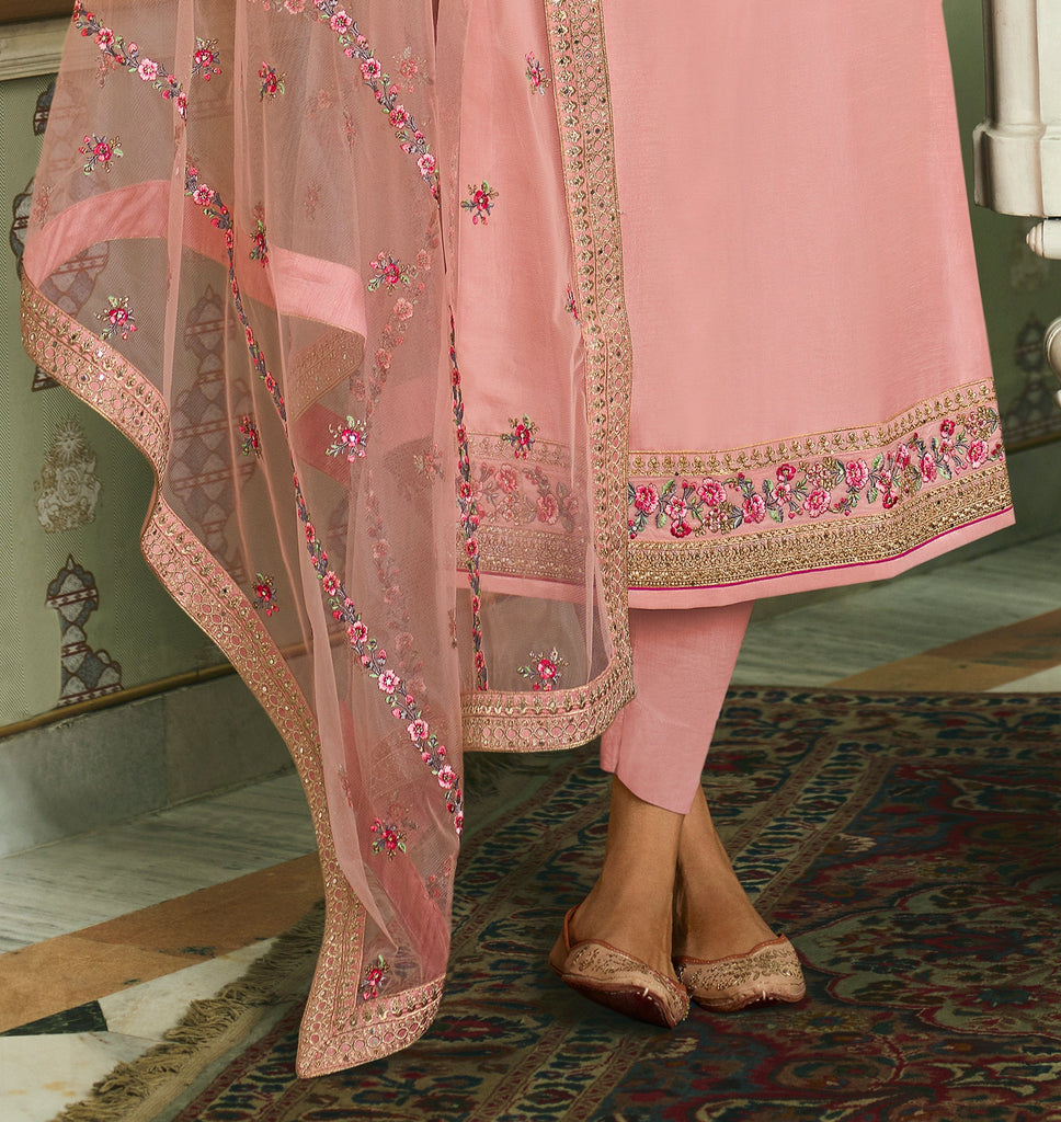 Light Pink Designer Embroidered Wedding Silk Pant Suit-Saira's Boutique