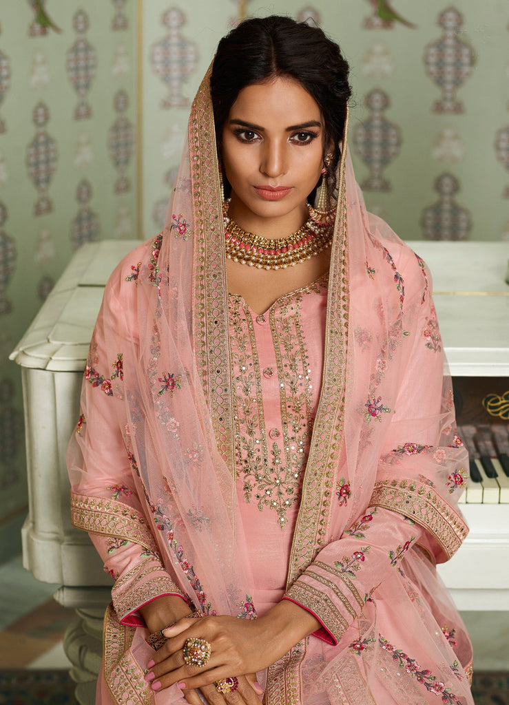 Light Pink Designer Embroidered Wedding Silk Pant Suit-Saira's Boutique