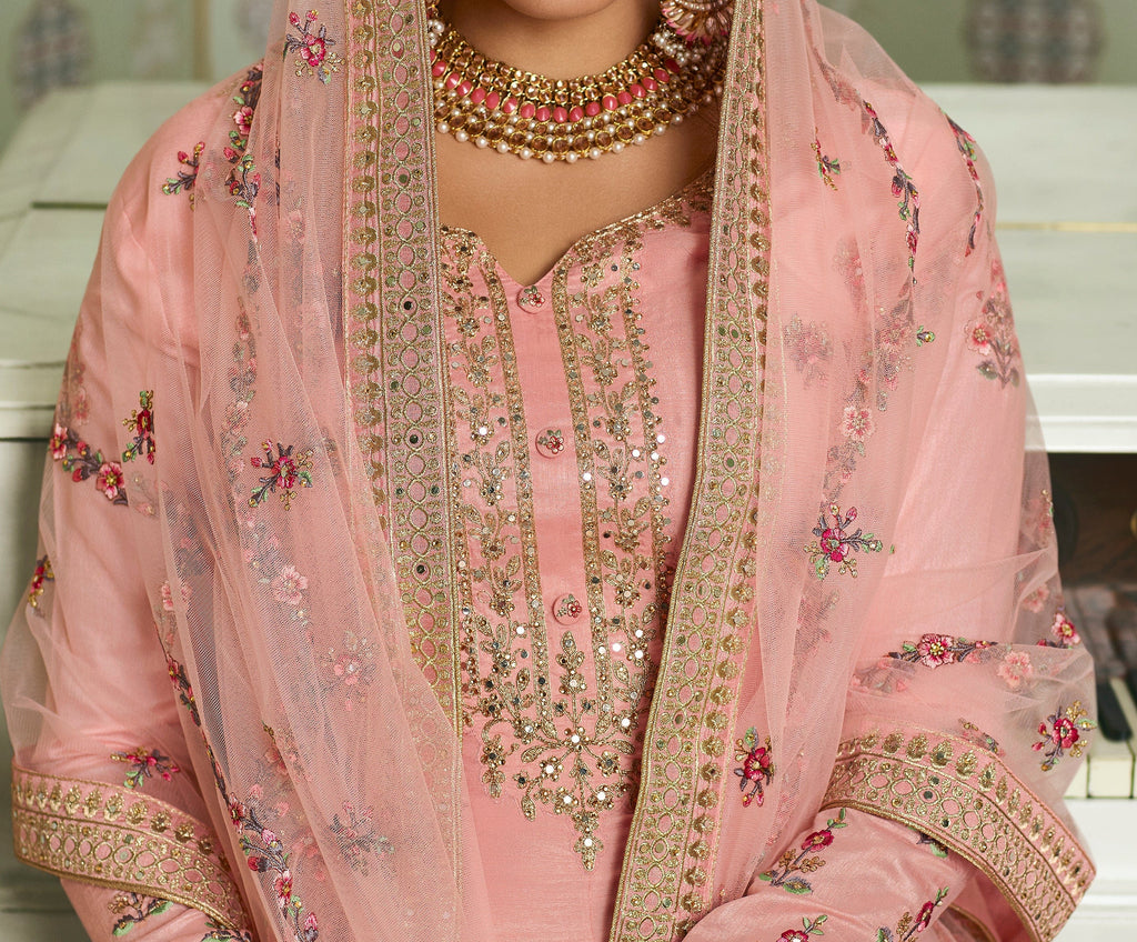 Light Pink Designer Embroidered Wedding Silk Pant Suit-Saira's Boutique