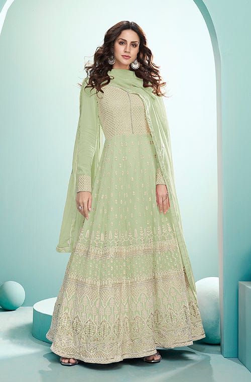 Anarkali Gown Wedding Party Wear Dresses Green Colour Gold Border