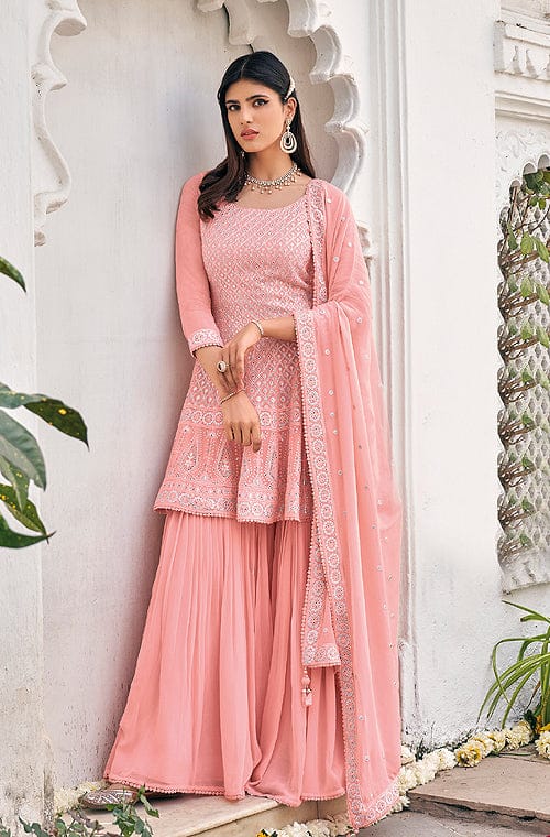 Lavender Pink Georgette Sharara Suit with Floral Chiffon Heavy Dupatta |  TST | The Silk Trend