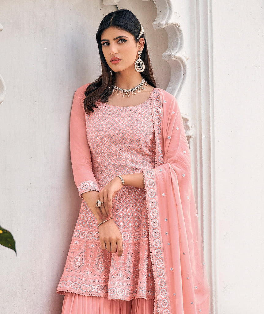 Light Salmon Pink Designer Embroidered Party Wear Sharara Suit ...