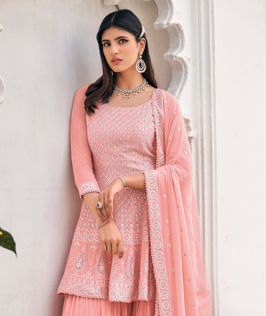 Light Salmon Pink Designer Embroidered Party Wear Sharara Suit-Saira's Boutique