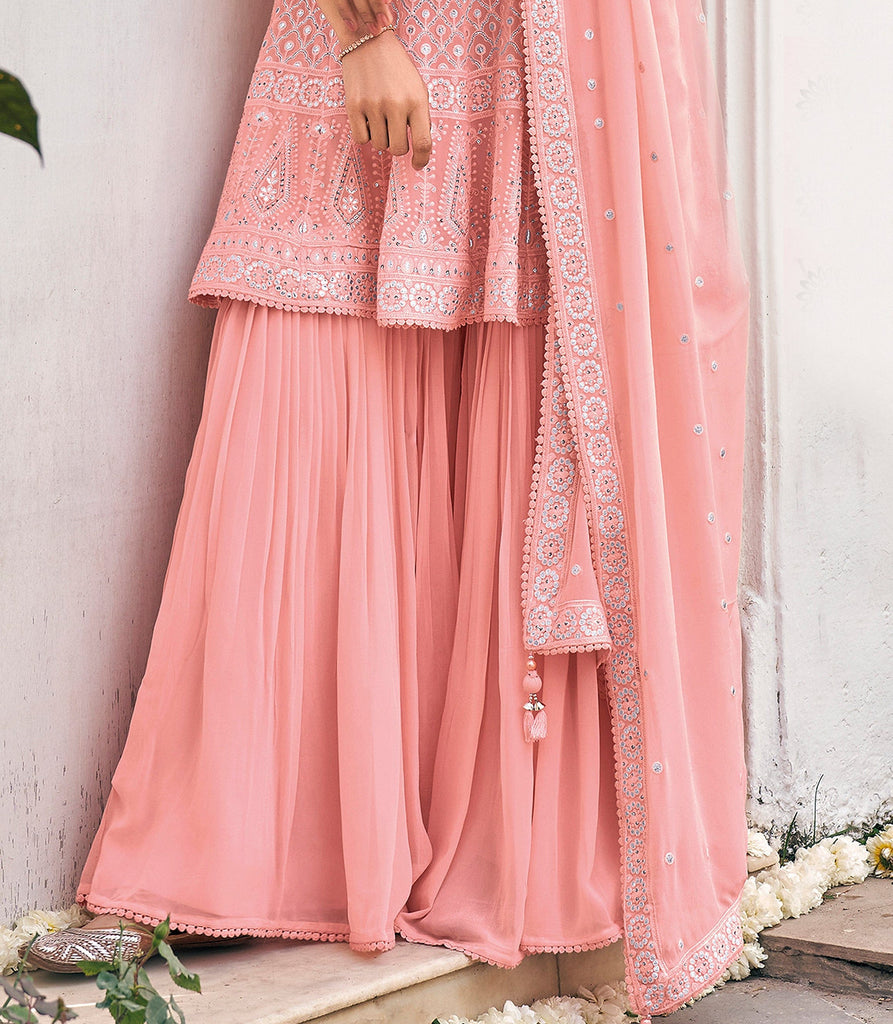 Light Salmon Pink Designer Embroidered Party Wear Sharara Suit-Saira's Boutique