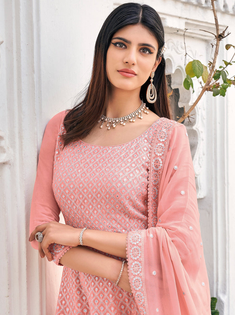 Light Salmon Pink Designer Embroidered Party Wear Sharara Suit-Saira's Boutique