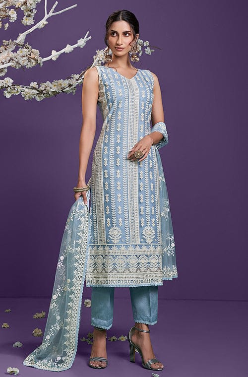 Light Blue Designer Embroidered Party Wear Silk Pant Suit