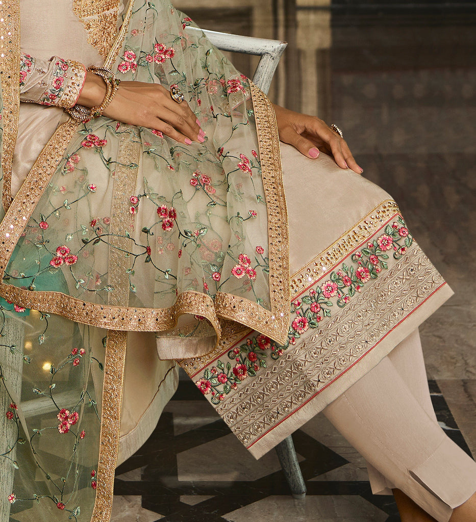 Light Taupe Designer Embroidered Wedding Silk Pant Suit-Saira's Boutique