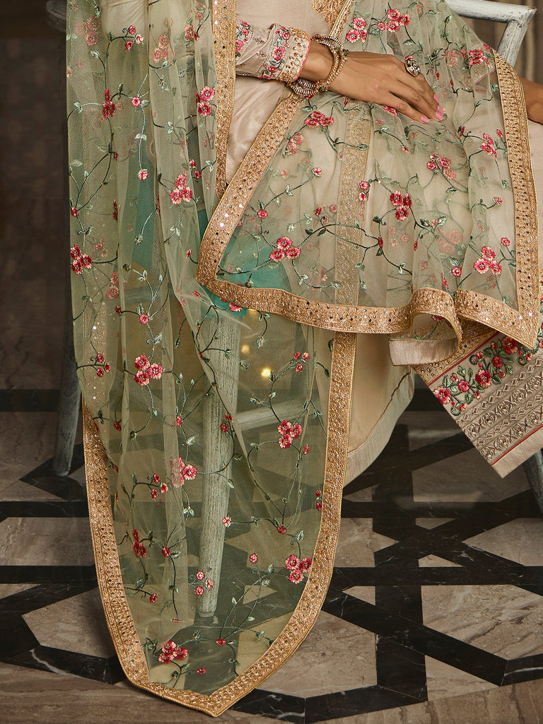 Light Taupe Designer Embroidered Wedding Silk Pant Suit-Saira's Boutique