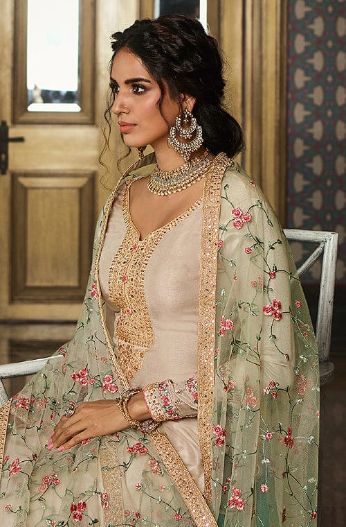Light Taupe Designer Embroidered Wedding Silk Pant Suit-Saira's Boutique