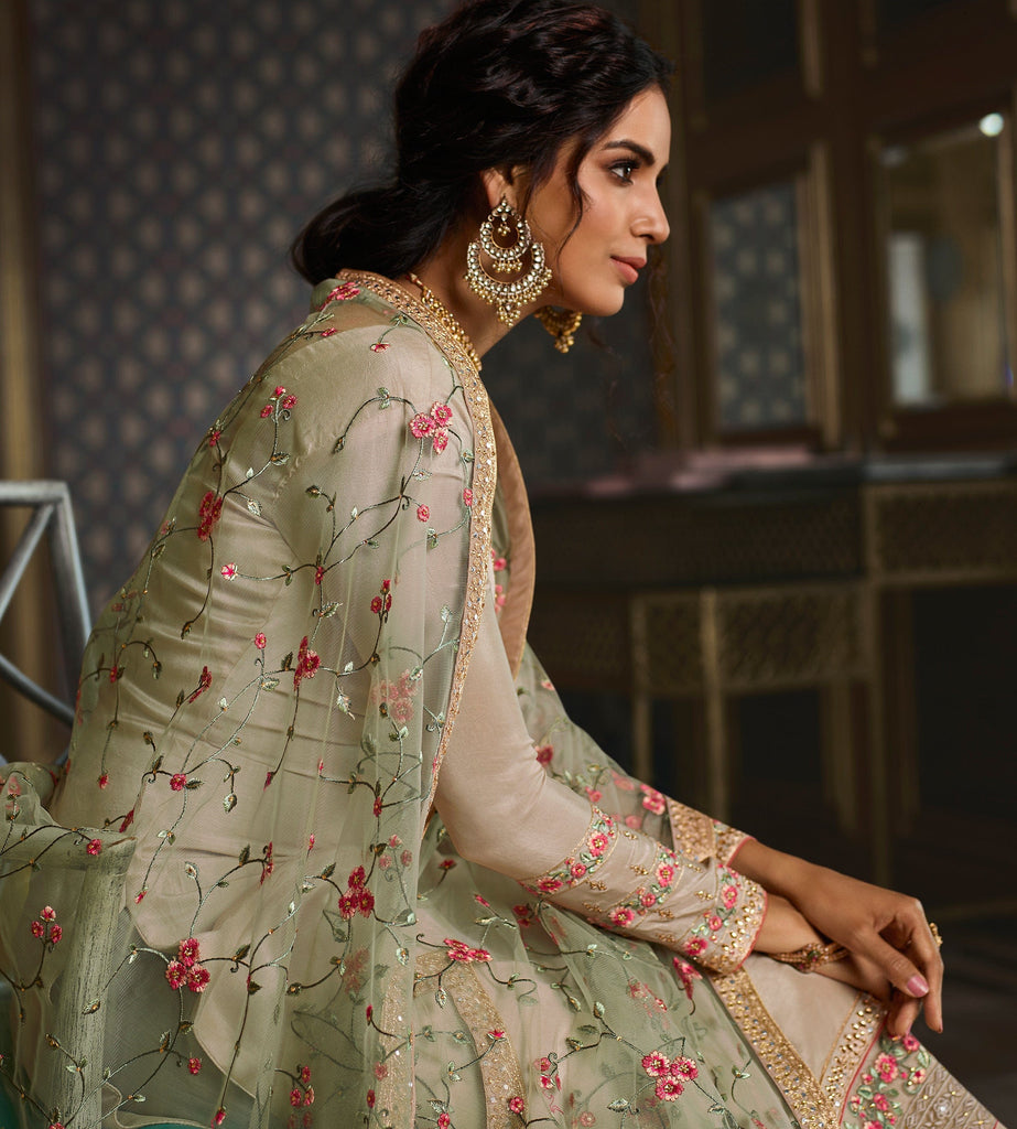 Light Taupe Designer Embroidered Wedding Silk Pant Suit-Saira's Boutique