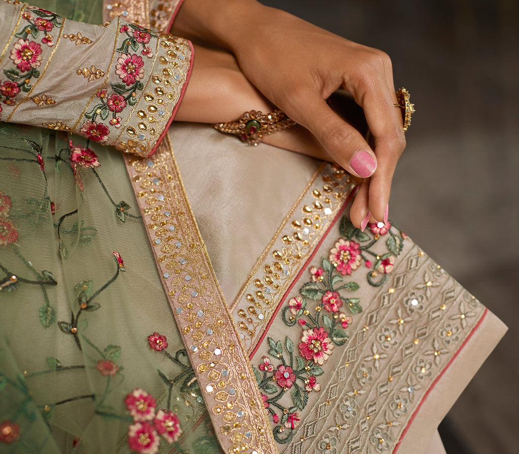 Light Taupe Designer Embroidered Wedding Silk Pant Suit-Saira's Boutique