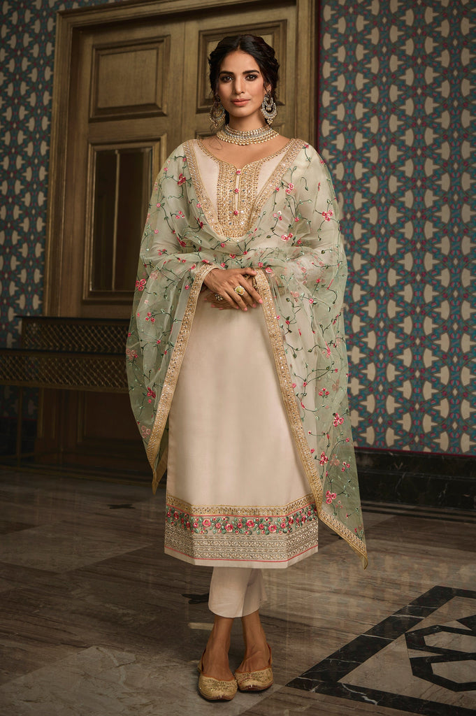 Light Taupe Designer Embroidered Wedding Silk Pant Suit-Saira's Boutique