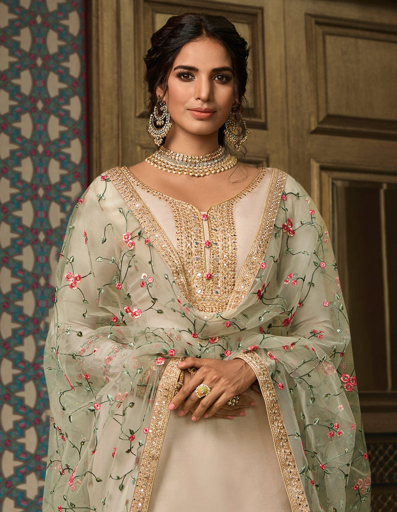 Light Taupe Designer Embroidered Wedding Silk Pant Suit-Saira's Boutique