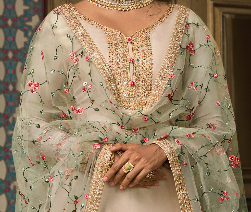 Light Taupe Designer Embroidered Wedding Silk Pant Suit-Saira's Boutique