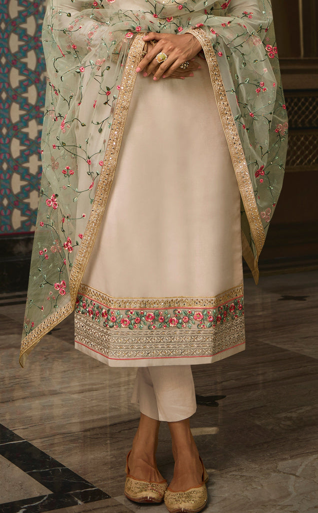 Light Taupe Designer Embroidered Wedding Silk Pant Suit-Saira's Boutique