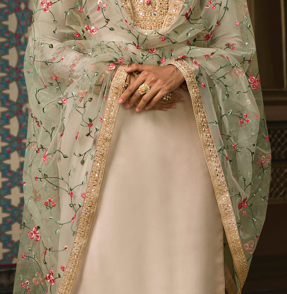 Light Taupe Designer Embroidered Wedding Silk Pant Suit-Saira's Boutique